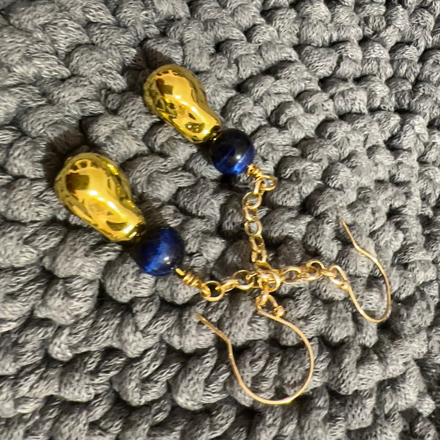 Gold filled Mallorca baroque pearls and tiger eye blue lapis pearl earrings on brass chain