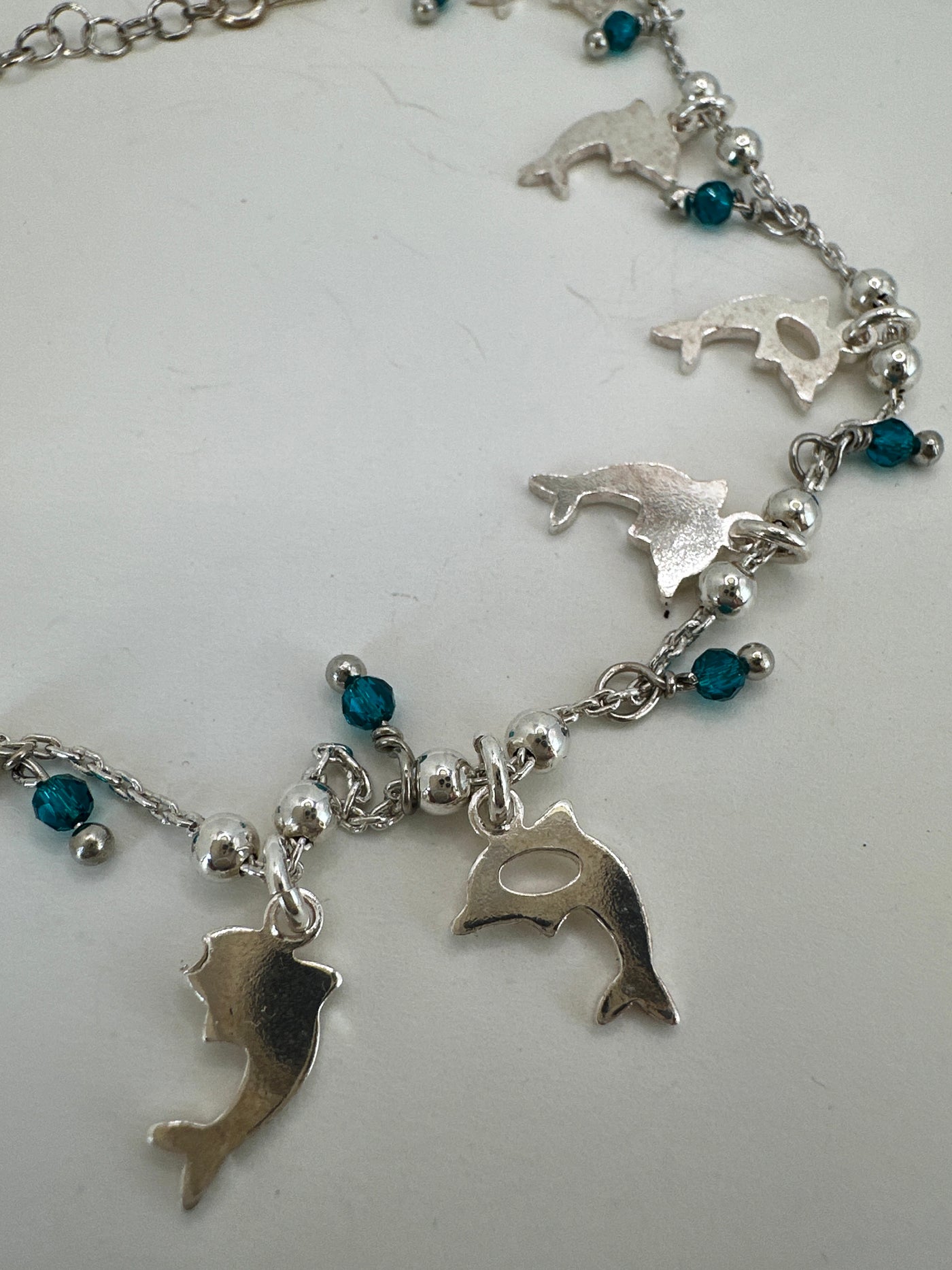 925 silver bracelet with dolphins and blue glass beads