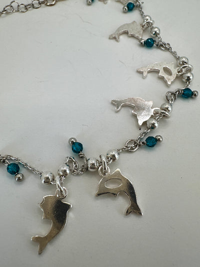 925 silver bracelet with dolphins and blue glass beads