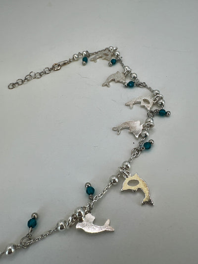 925 silver bracelet with dolphins and blue glass beads