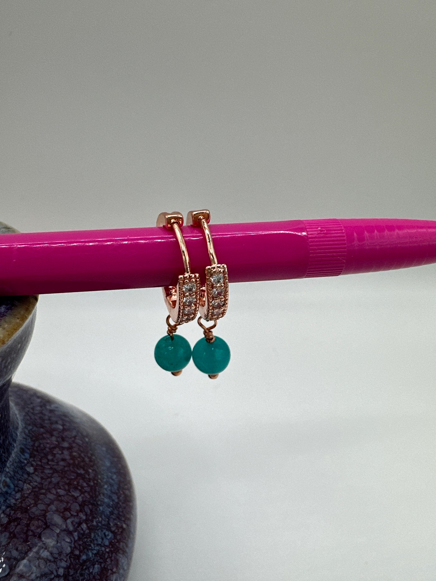 Bronze small circle earrings with turquoise jade and zircons