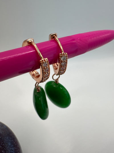 Bronze small circle earrings with green jade and zircons