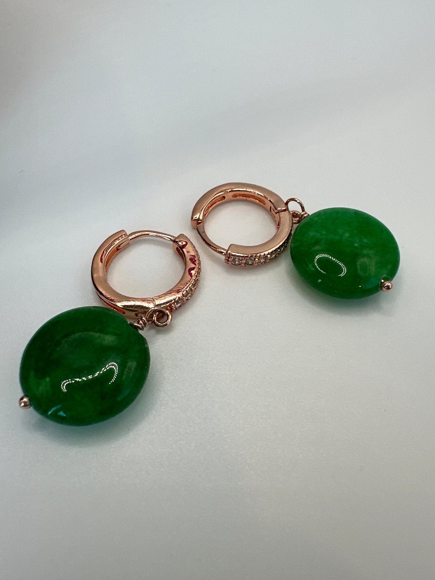 Bronze small circle earrings with green jade and zircons