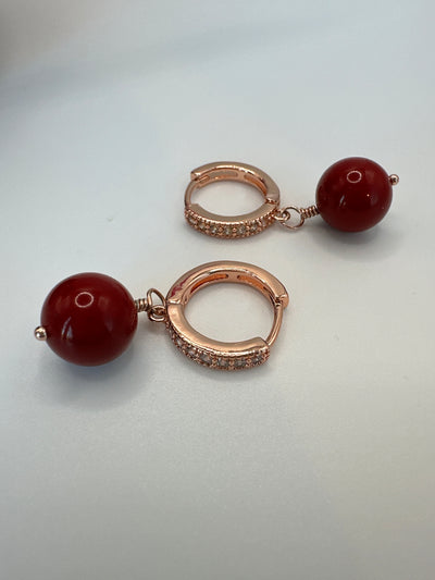 Bronze small circle earrings with coral paste pearls and zircons