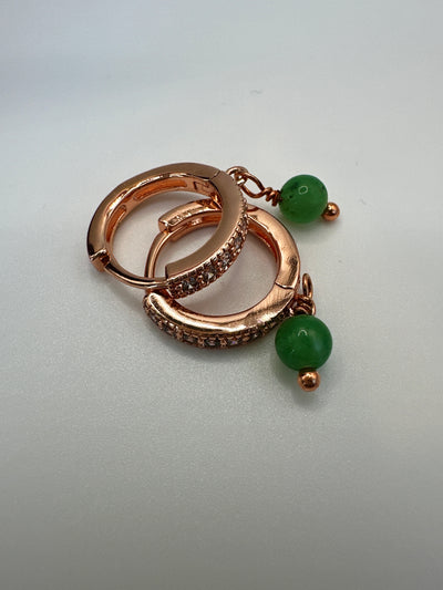 Bronze small circle earrings with green jade and zircons