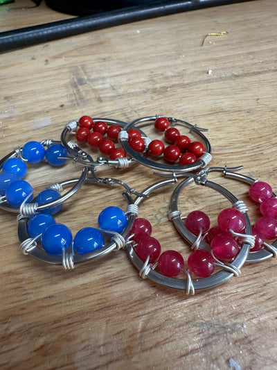 Pink jade earrings on round plate steel circle