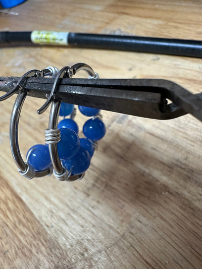 Blue jade earrings on round plate steel circle
