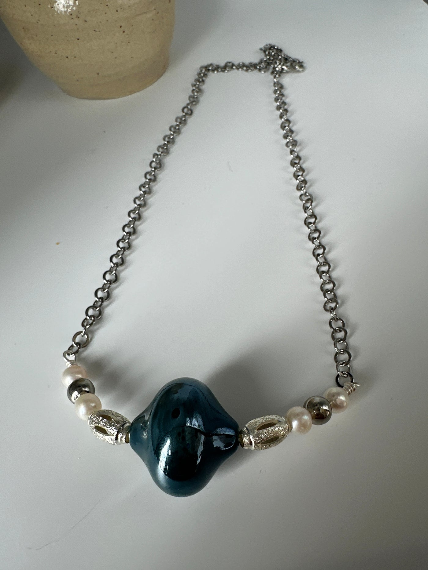 Forzatina steel chain with white pearls, silver and blue glass beads - long 50 cm