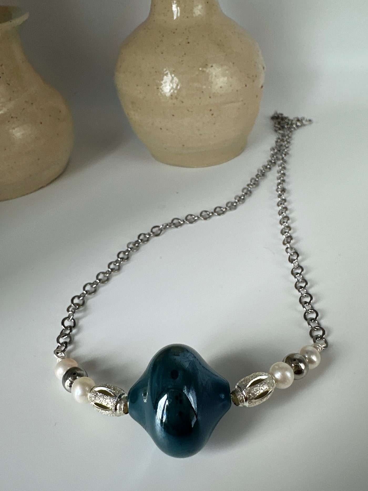 Forzatina steel chain with white pearls, silver and blue glass beads - long 50 cm