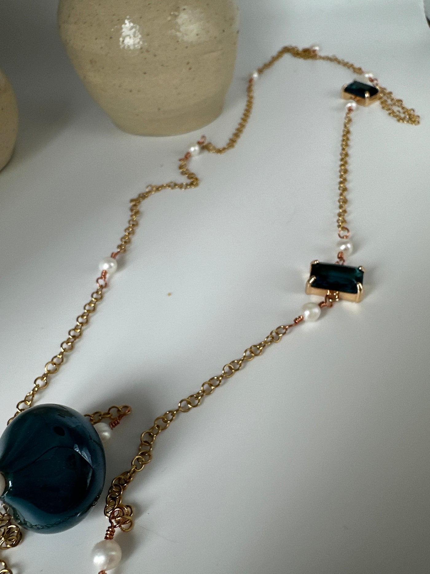 Forzatina steel chain (gold color) with white pearls and blue glass beads - long 84 cm