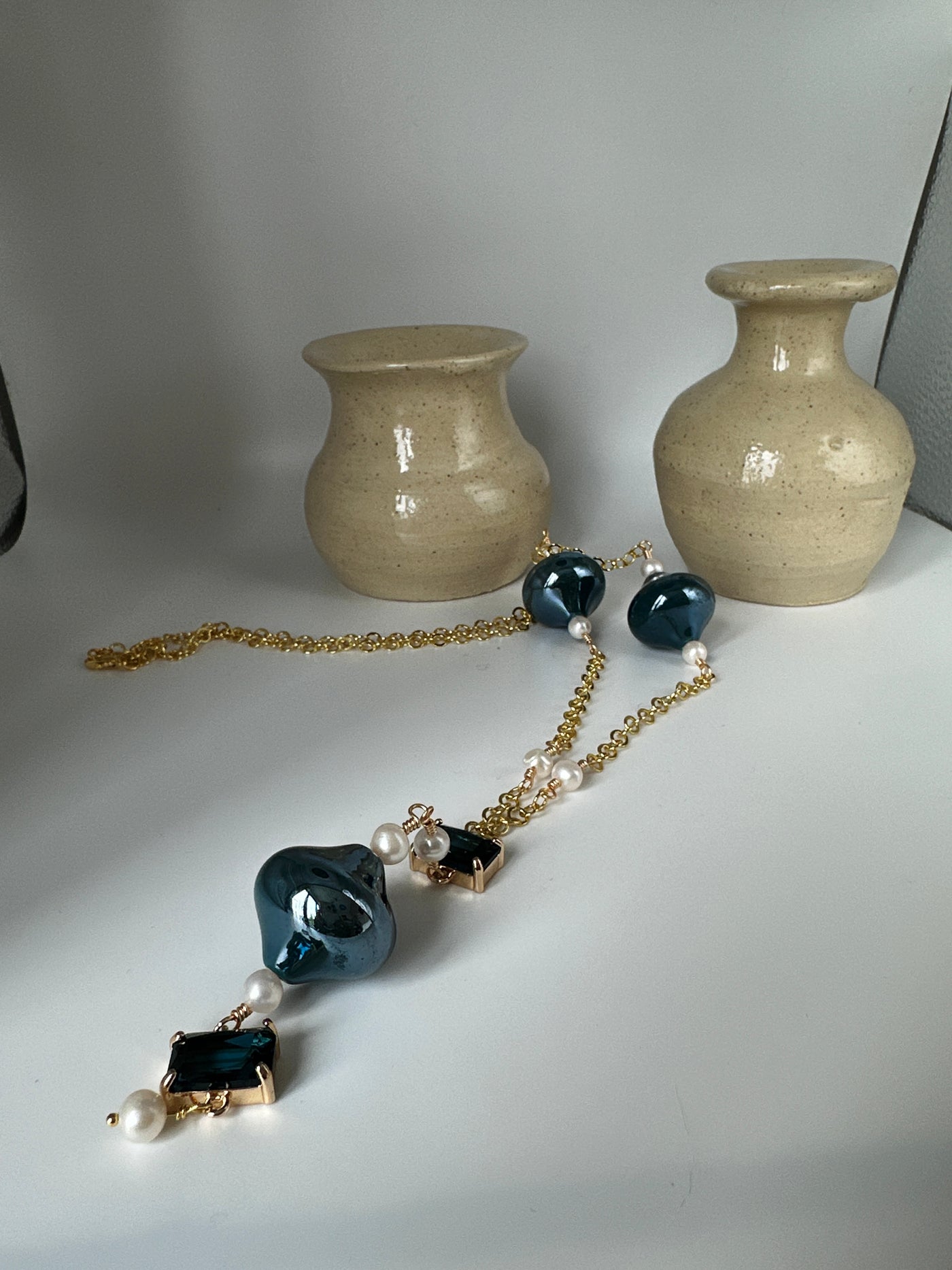 Forzatina steel chain (gold color) with white pearls and blue glass beads - long 67 cm