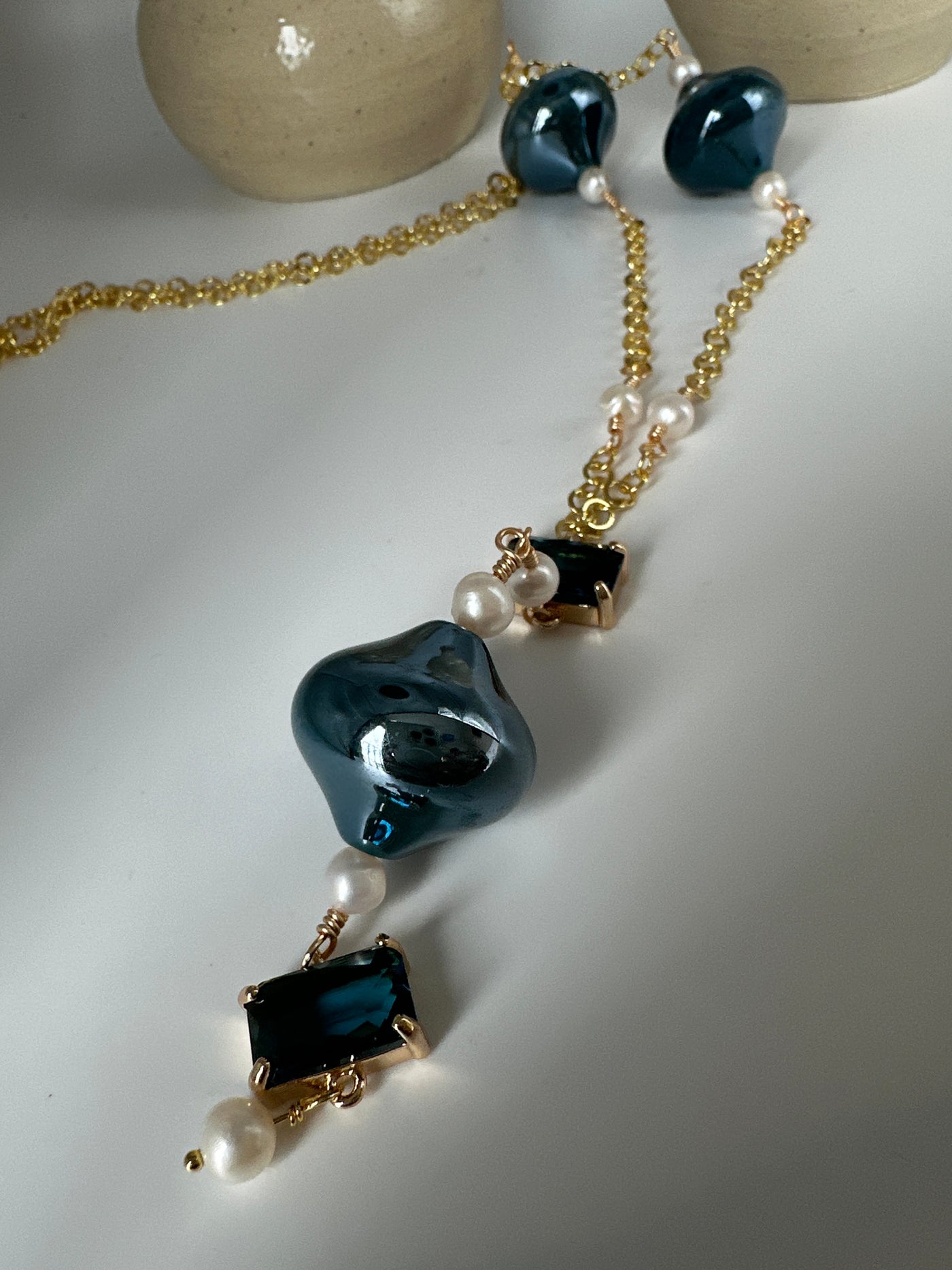 Forzatina steel chain (gold color) with white pearls and blue glass beads - long 67 cm