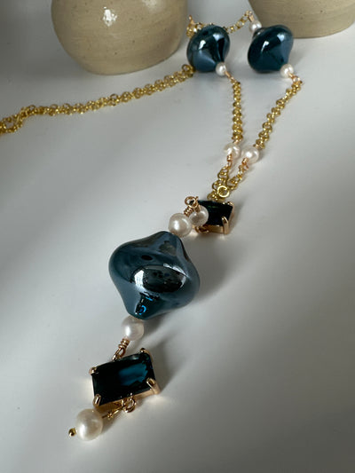 Forzatina steel chain (gold color) with white pearls and blue glass beads - long 67 cm