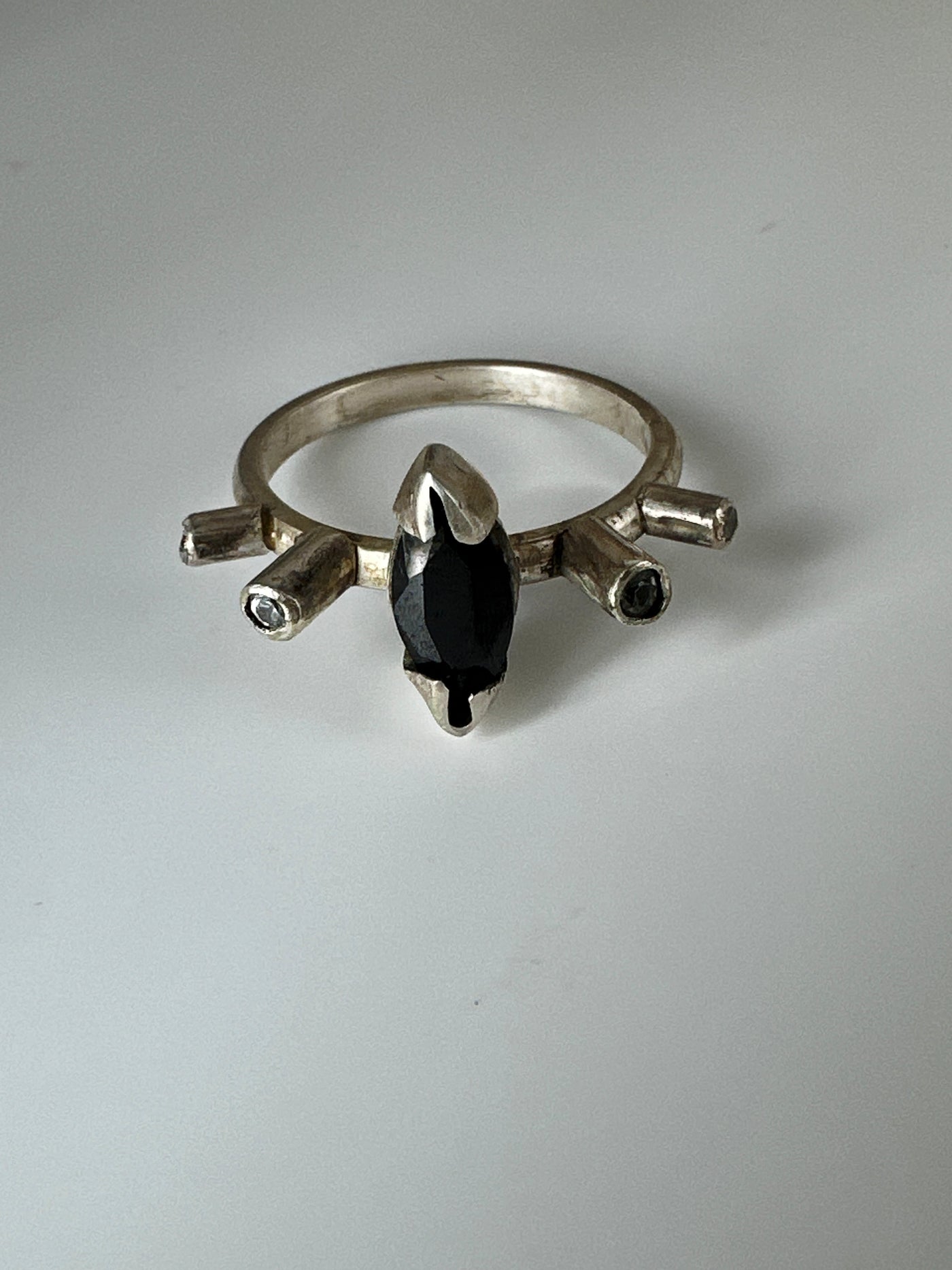 Marquise five stone ring setting in silver with amethyst and cubic zirconias