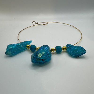 Round rigid necklace in steel with round brass and crystals rocks brilliant tourquoise elements