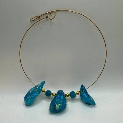 Round rigid necklace in steel with round brass and crystals rocks brilliant tourquoise elements