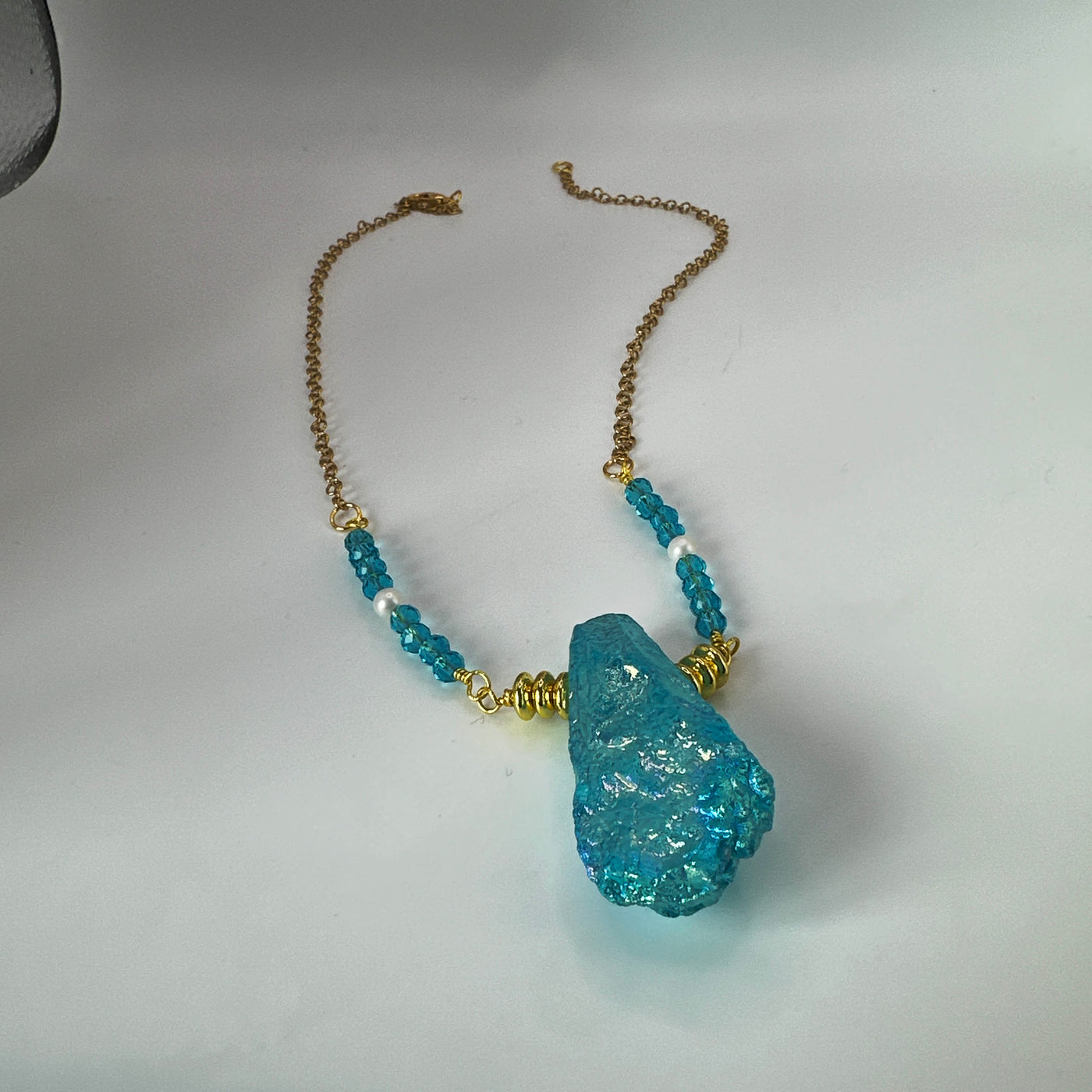 Forzatina steel gold washed necklace with round brass, crystals rocks brilliant tourquoise and pearls elements