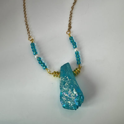 Forzatina steel gold washed necklace with round brass, crystals rocks brilliant tourquoise and pearls elements