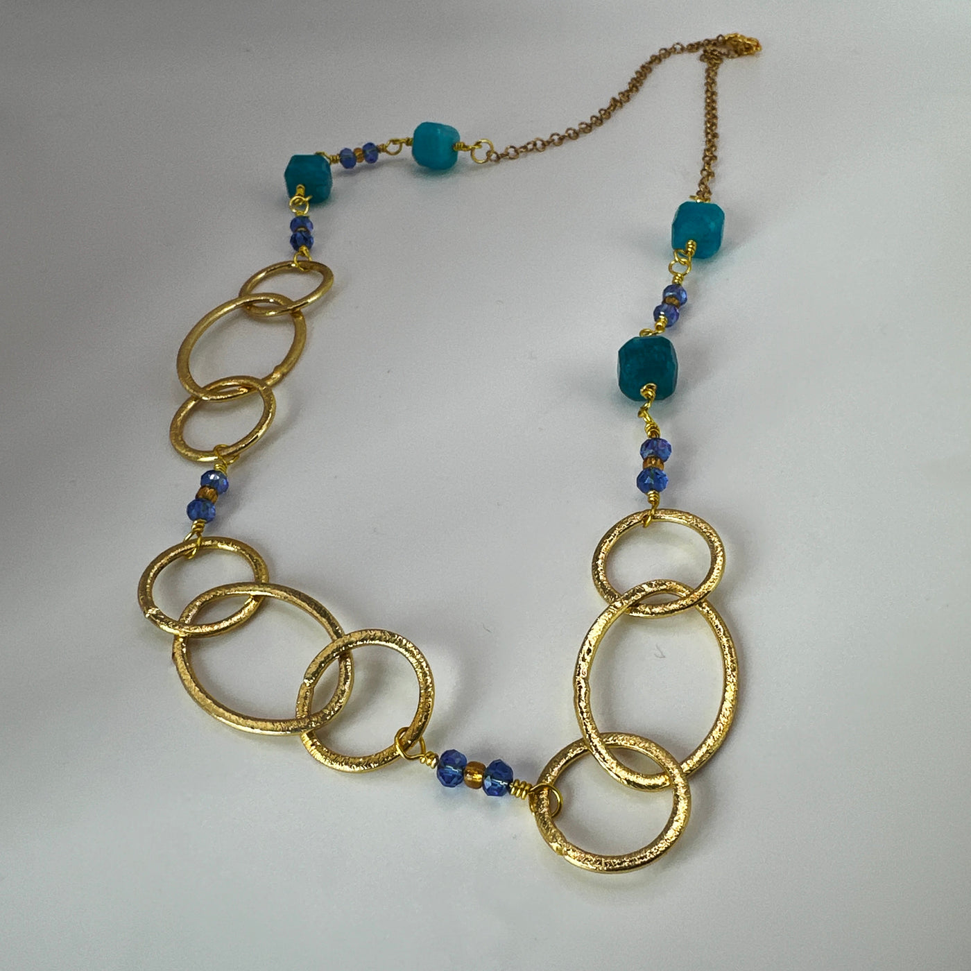 Brass ovals and round with crystal rondelles and square long necklace