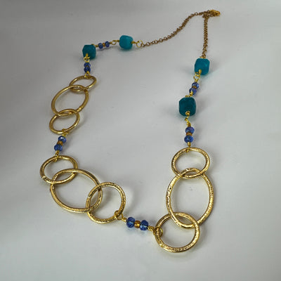 Brass ovals and round with crystal rondelles and square long necklace