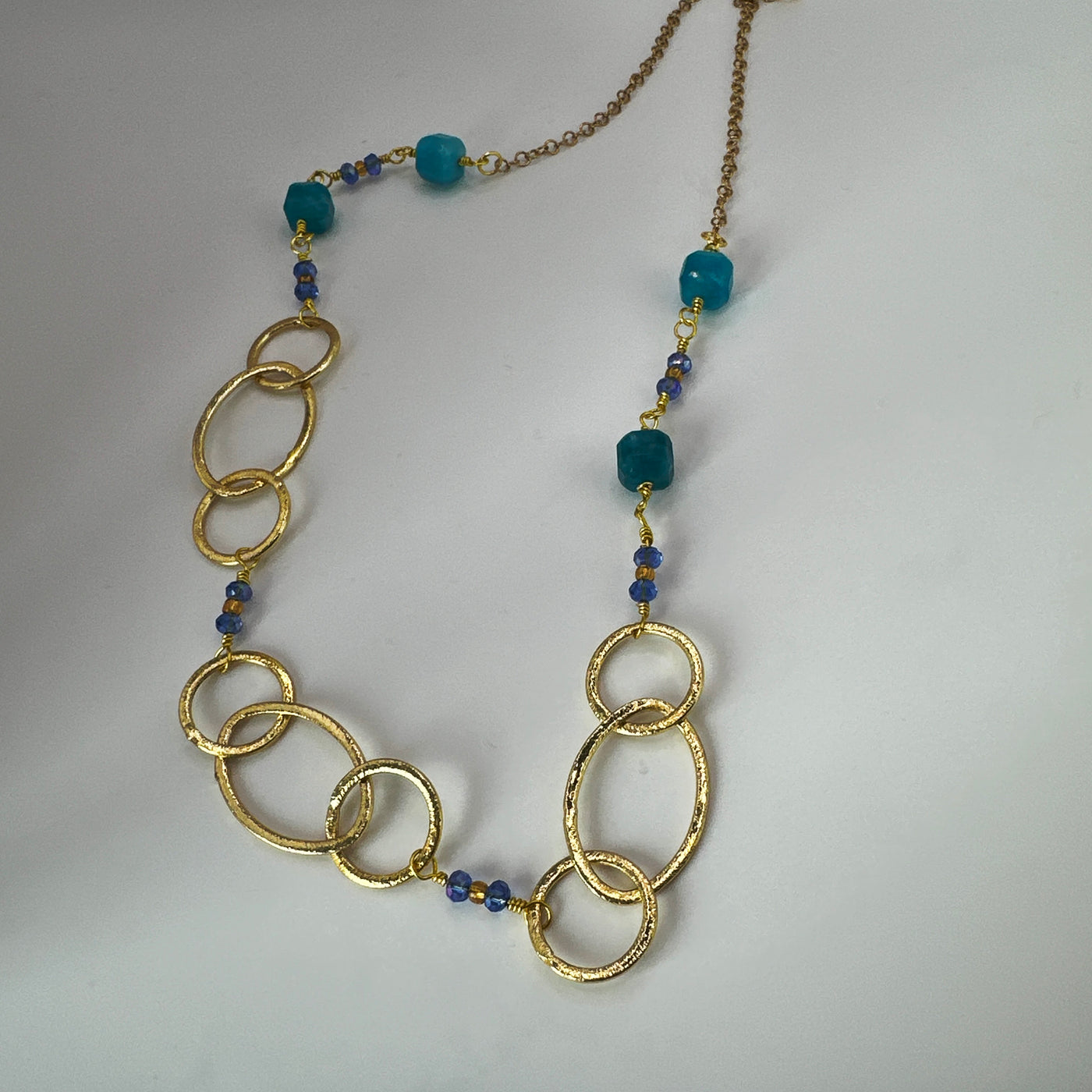 Brass ovals and round with crystal rondelles and square long necklace
