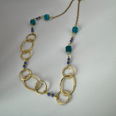 Brass ovals and round with crystal rondelles and square long necklace