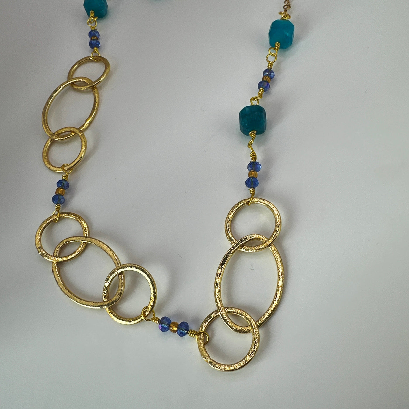 Brass ovals and round with crystal rondelles and square long necklace