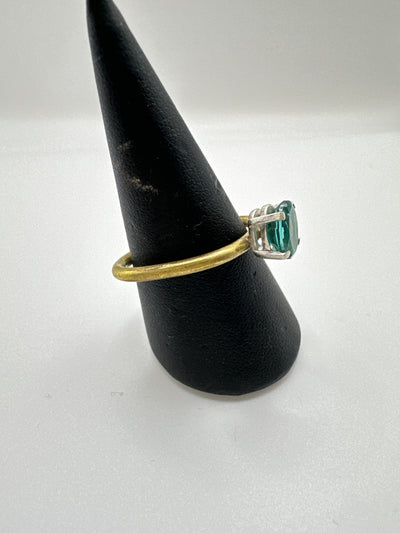 Enhanced teal topaz (8*6 oval) in silver cast and brass square ring