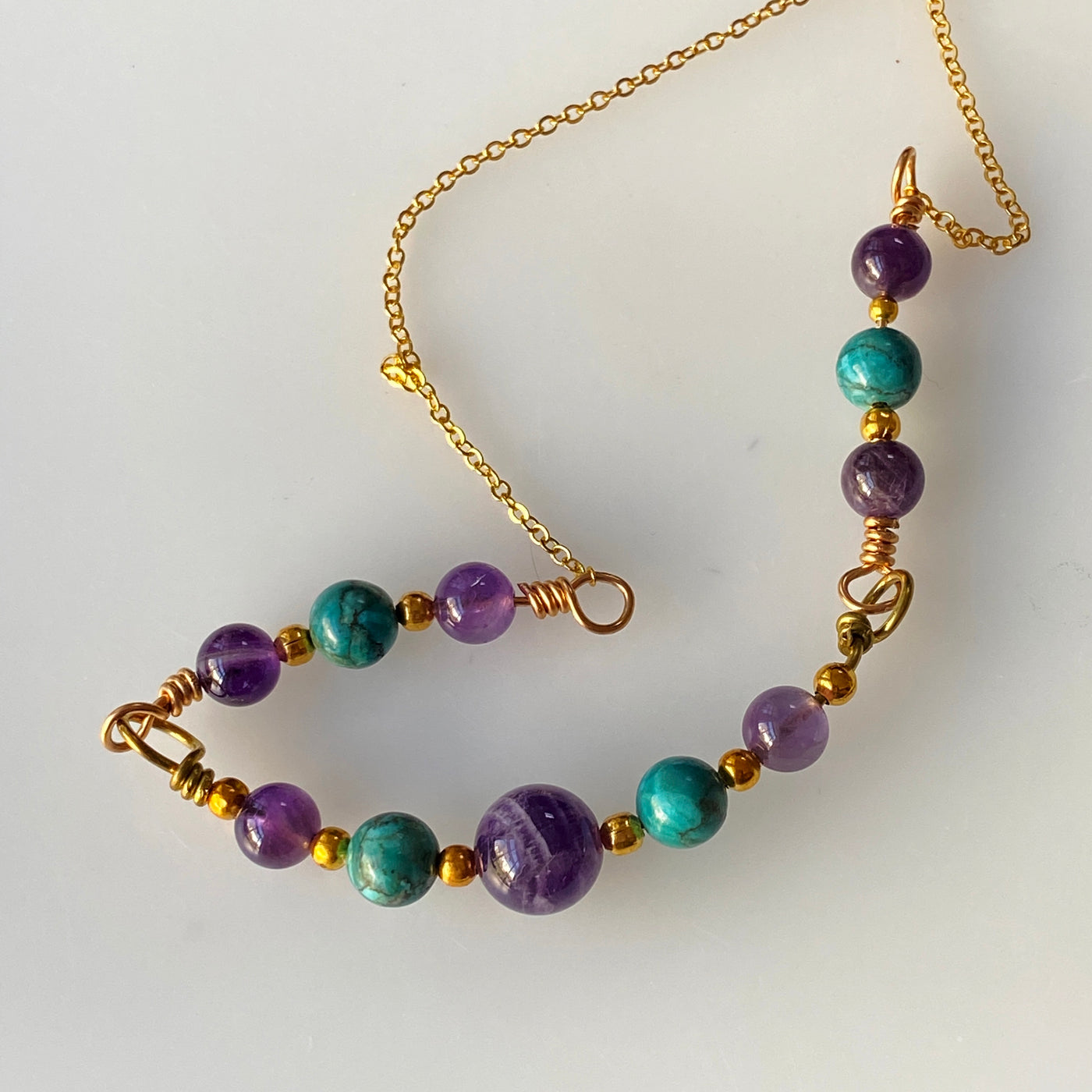 African tourquoise and amethyst on gold filled chain necklace for Lines collection