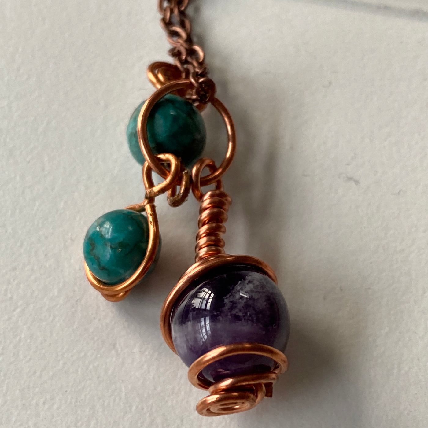 Turquoise and amethyst on wire and chain for Shake and Move collection