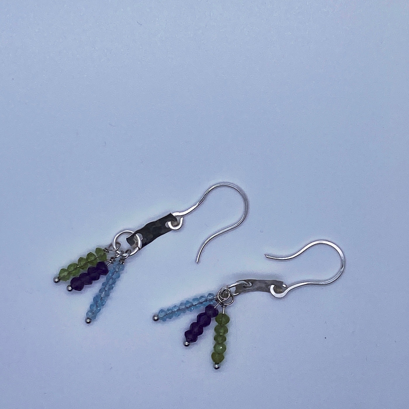 Peridot, amethyst and aquamarine on silver earrings