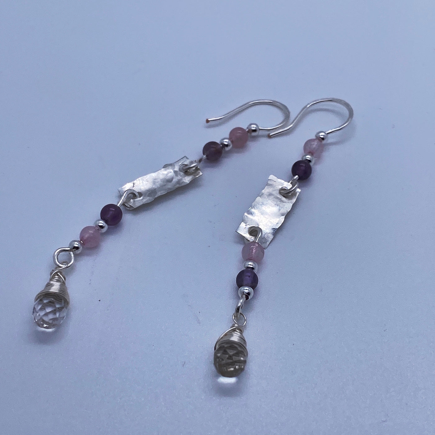 Silver earrings with amethyst, rose quartz and Chrystal briolette.