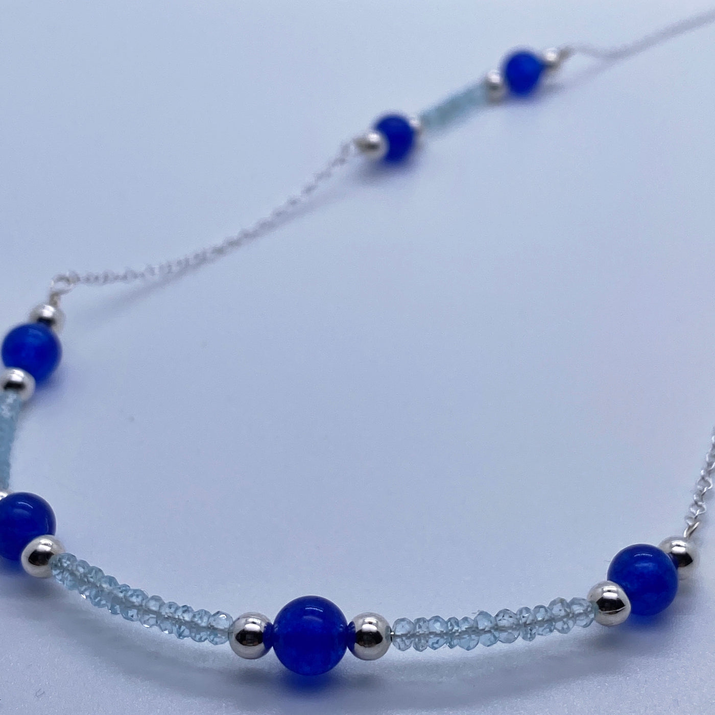 Acquamarine and blue calchedony on silver chain necklace