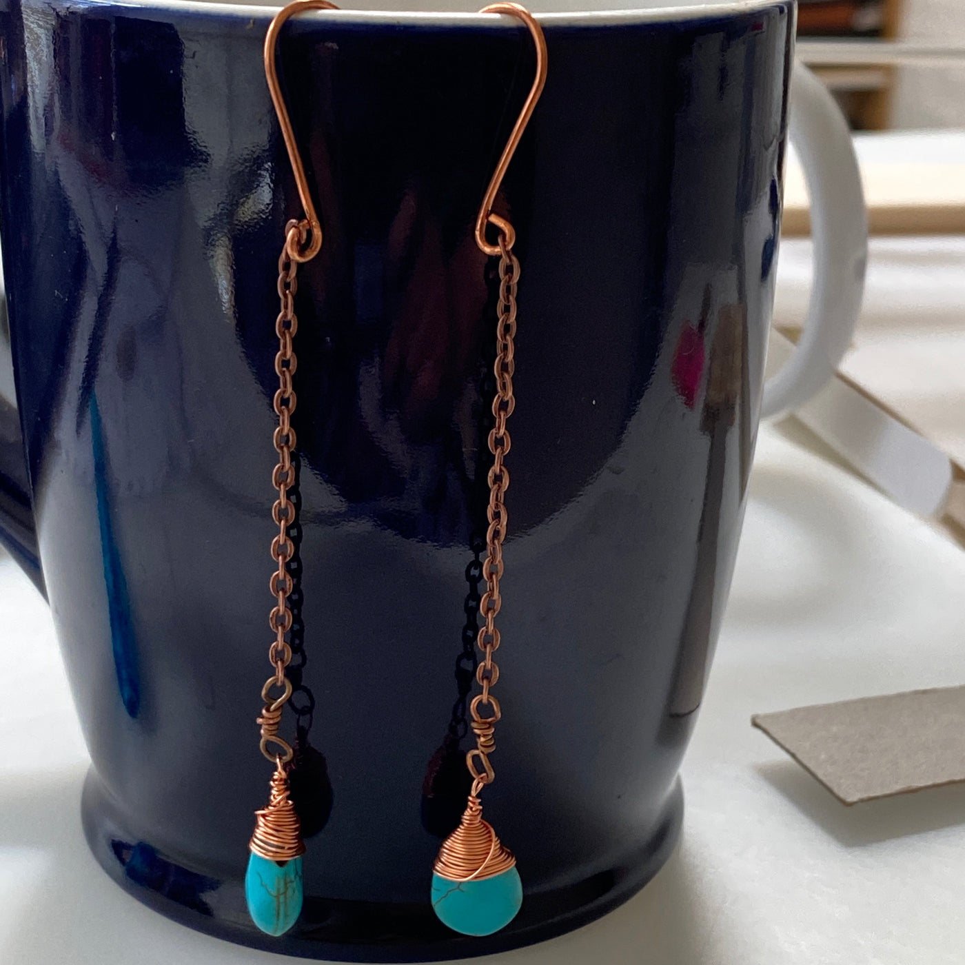 Blue howlite briolette in chain earrings