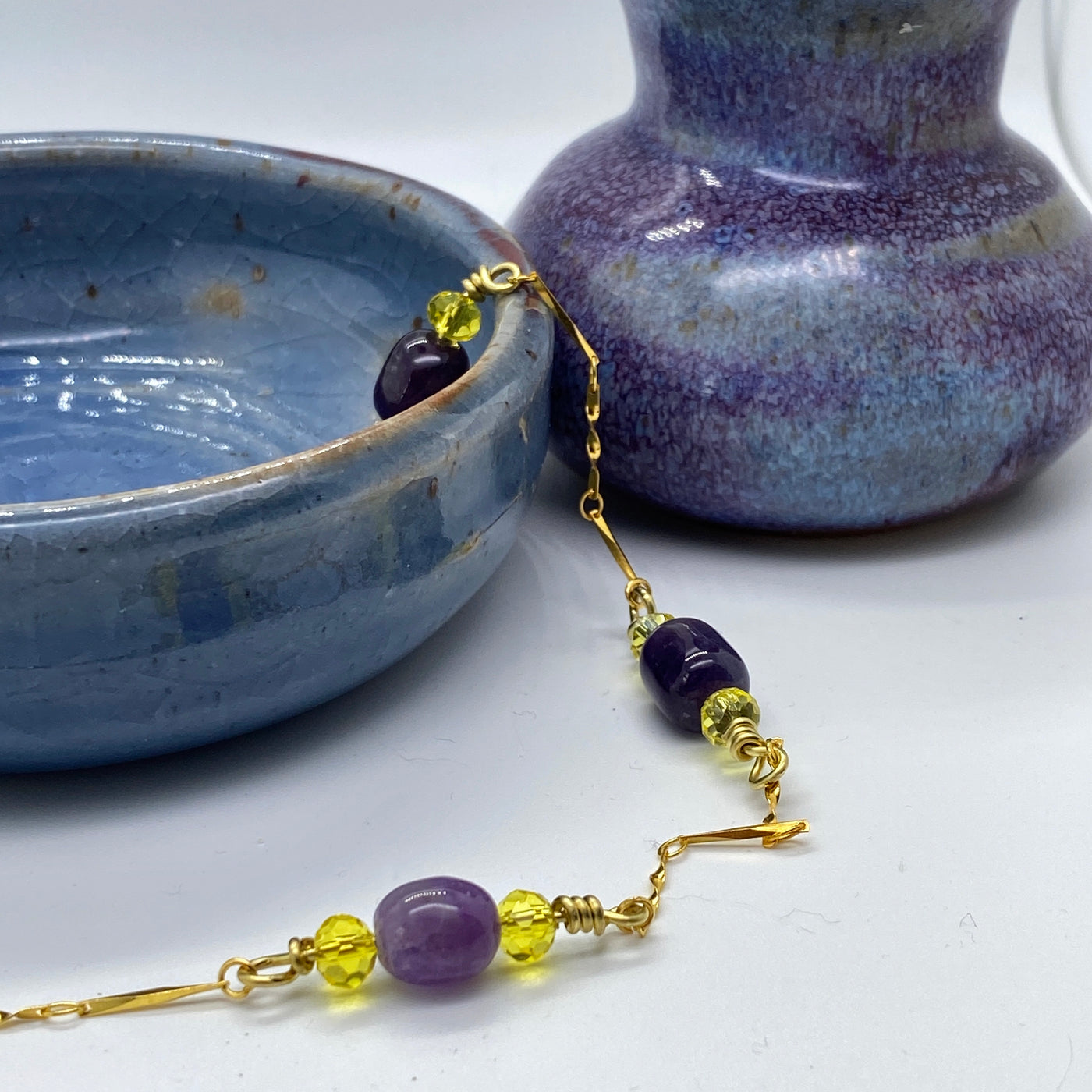 Amethysts beads and crystal yellow rondelles necklace