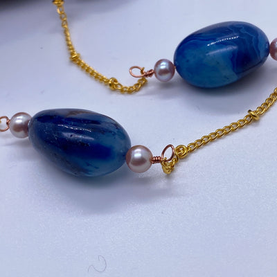 Blue sapphire calcedony and lavander pearls on chain necklace