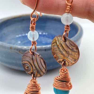 Bronze hand made teals, aquamarine and tourquoise blue howlite briolette in wire earrings