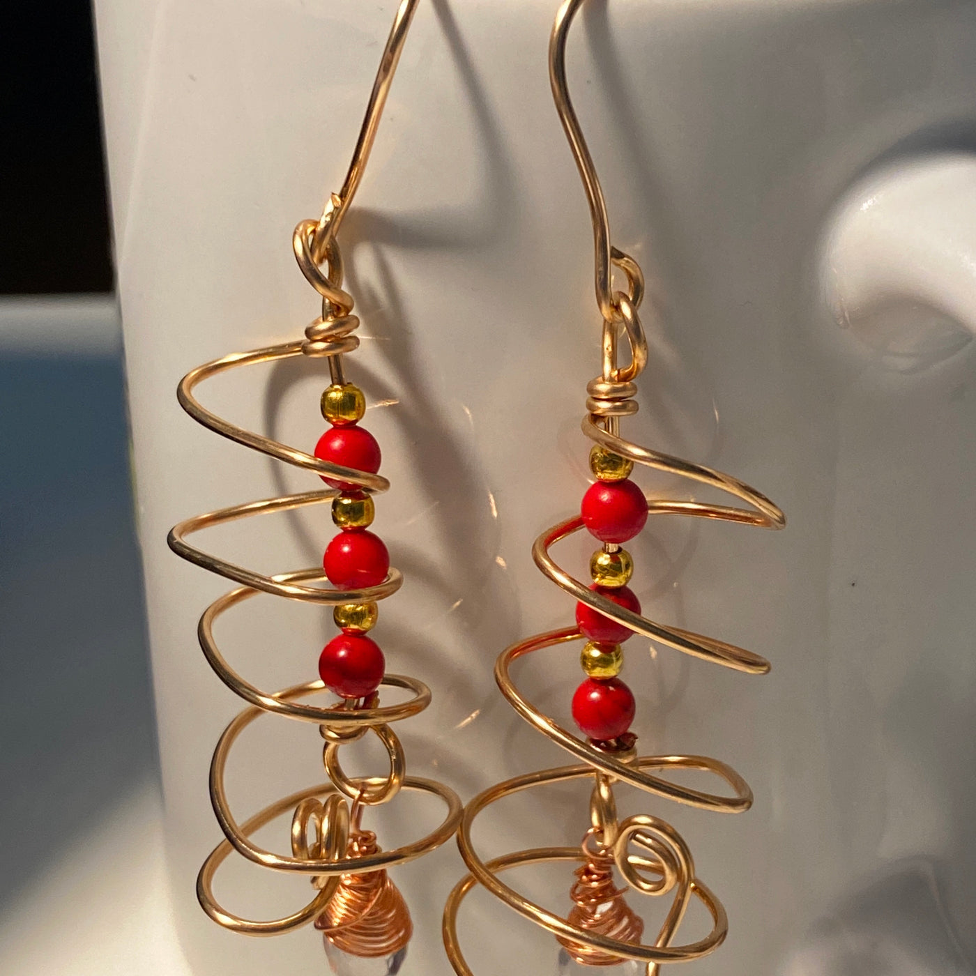 White quartz briolette and red turquoise earrings