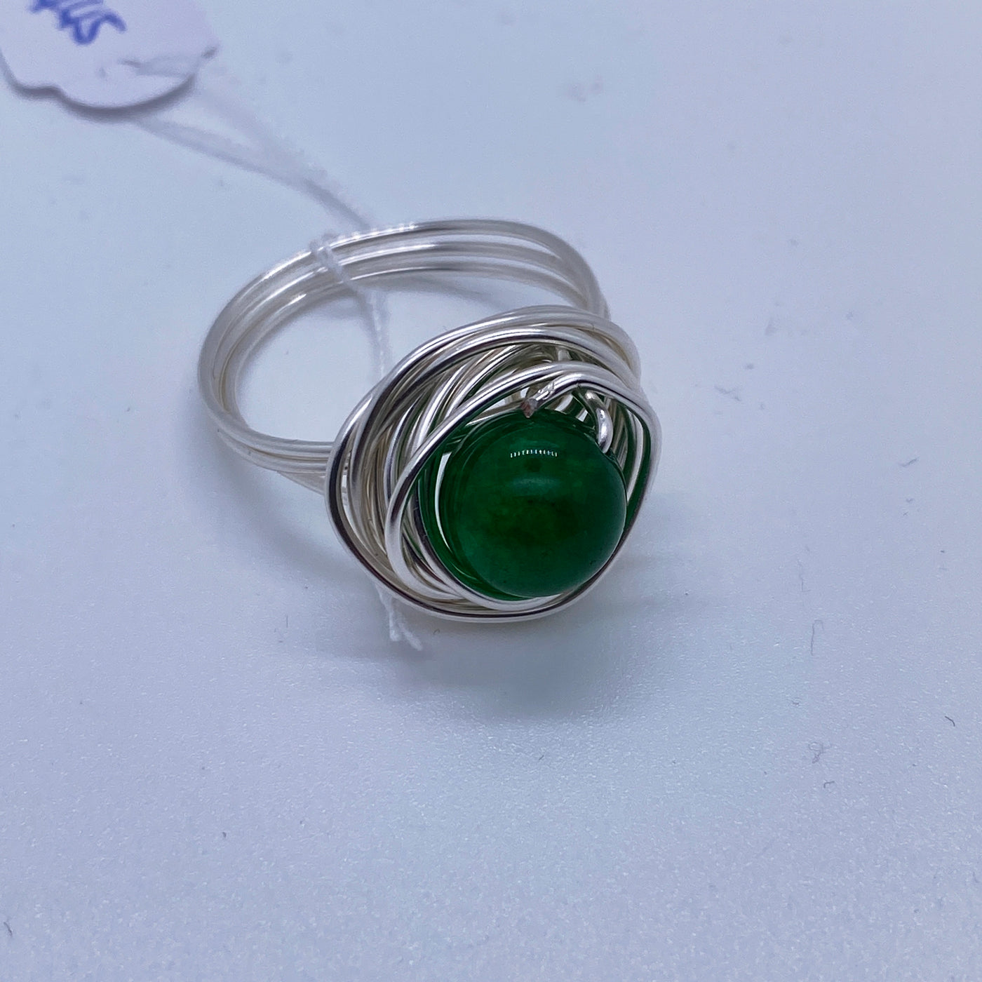 Silver and large green calchedony ring size W