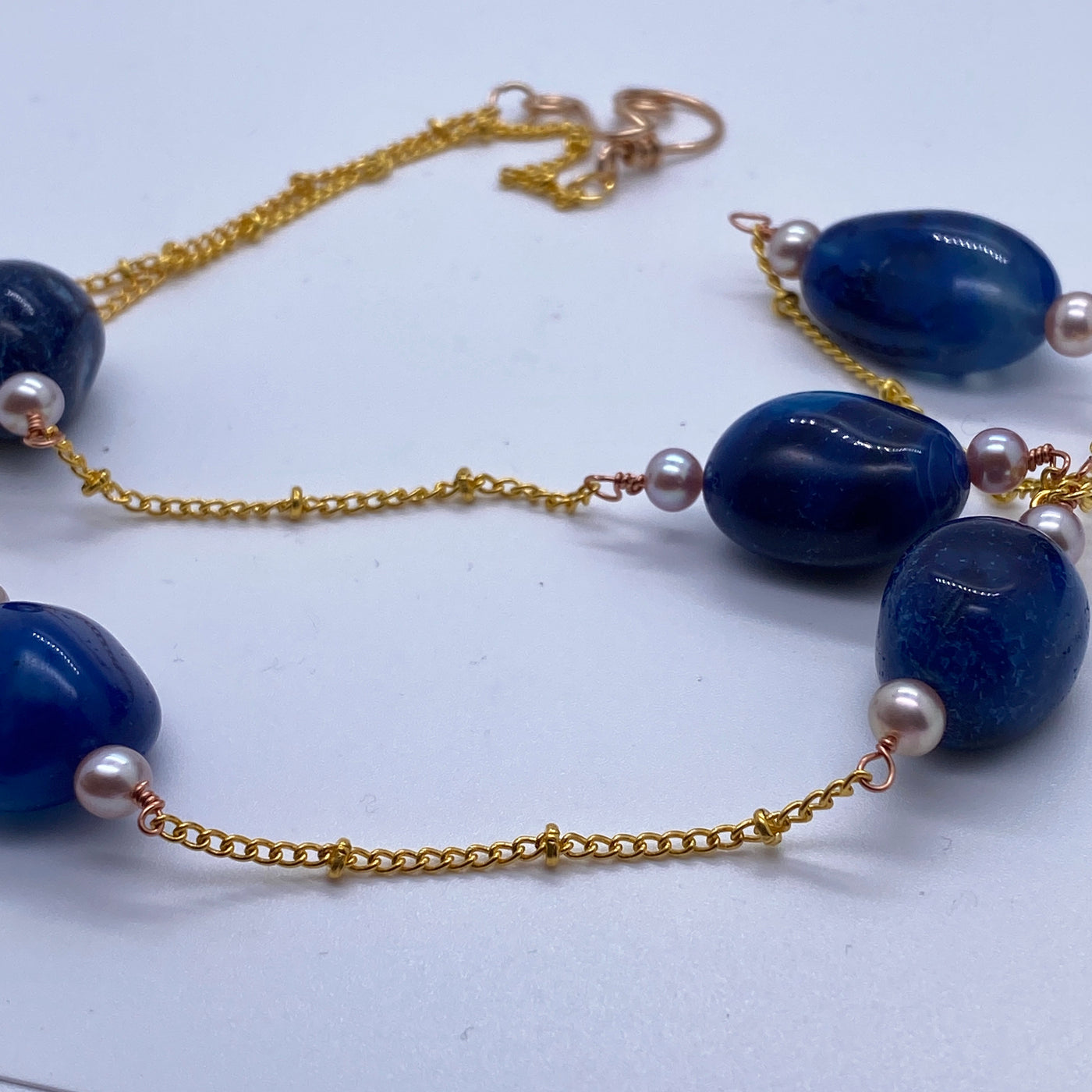 Blue sapphire calcedony and lavander pearls on chain necklace