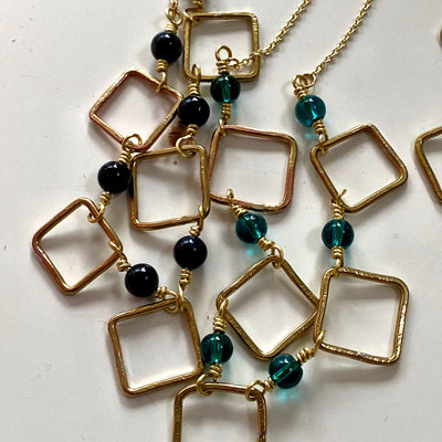 Handmade brass squares with dumorterite-  necklace