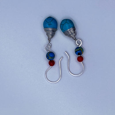 Red turquoise, blue malachite and turquoise blue howlite briolette earings in silver
