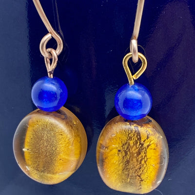 Golden glass beads and blue calchedony earring