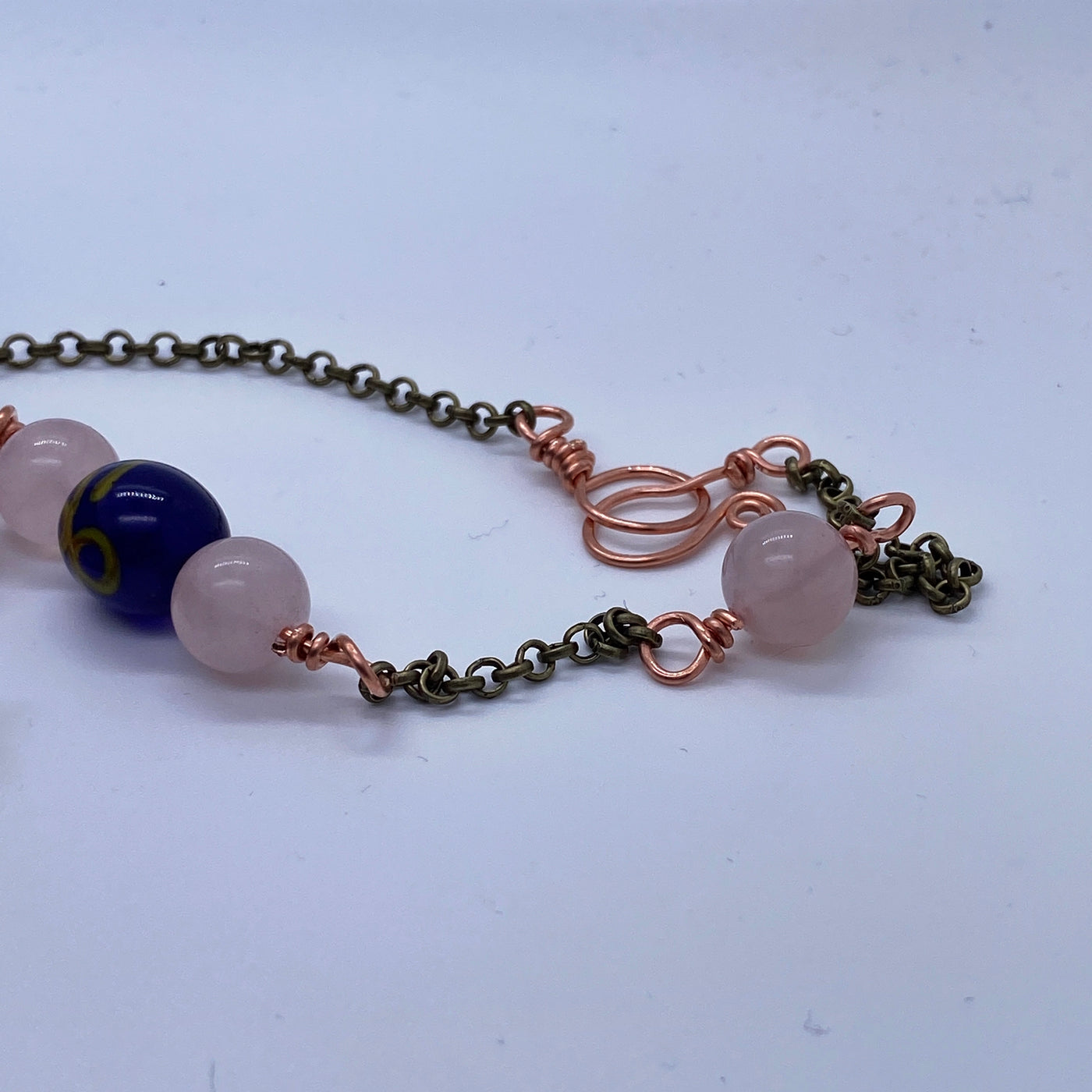 Hand inlaid/Wound Java glass and rose quartz on chain necklace