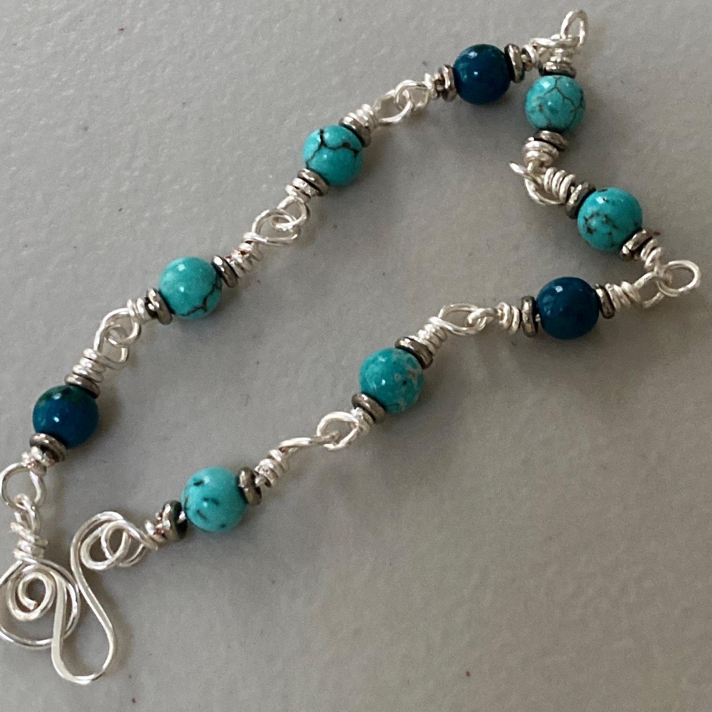 Bracelet in silver, turquoise and crysocolla