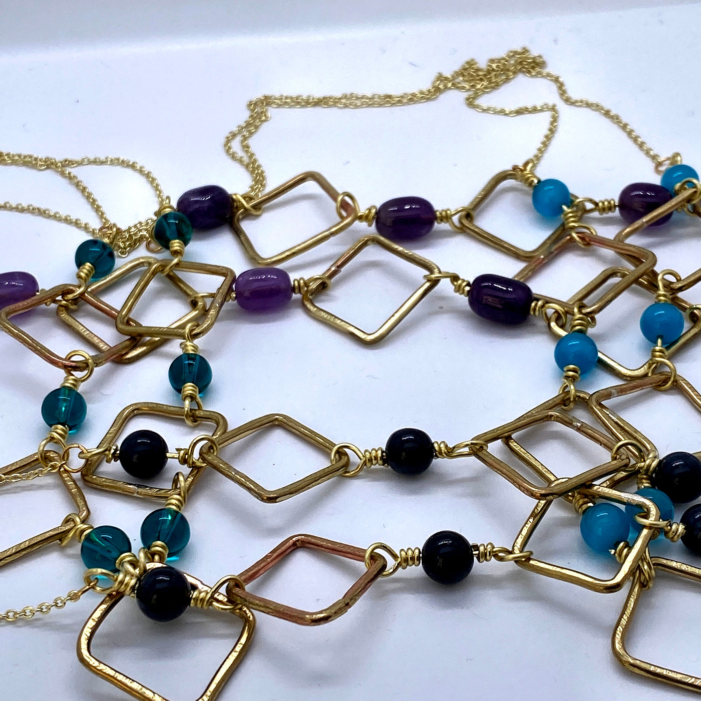 Handmade brass squares with amethysts long necklace