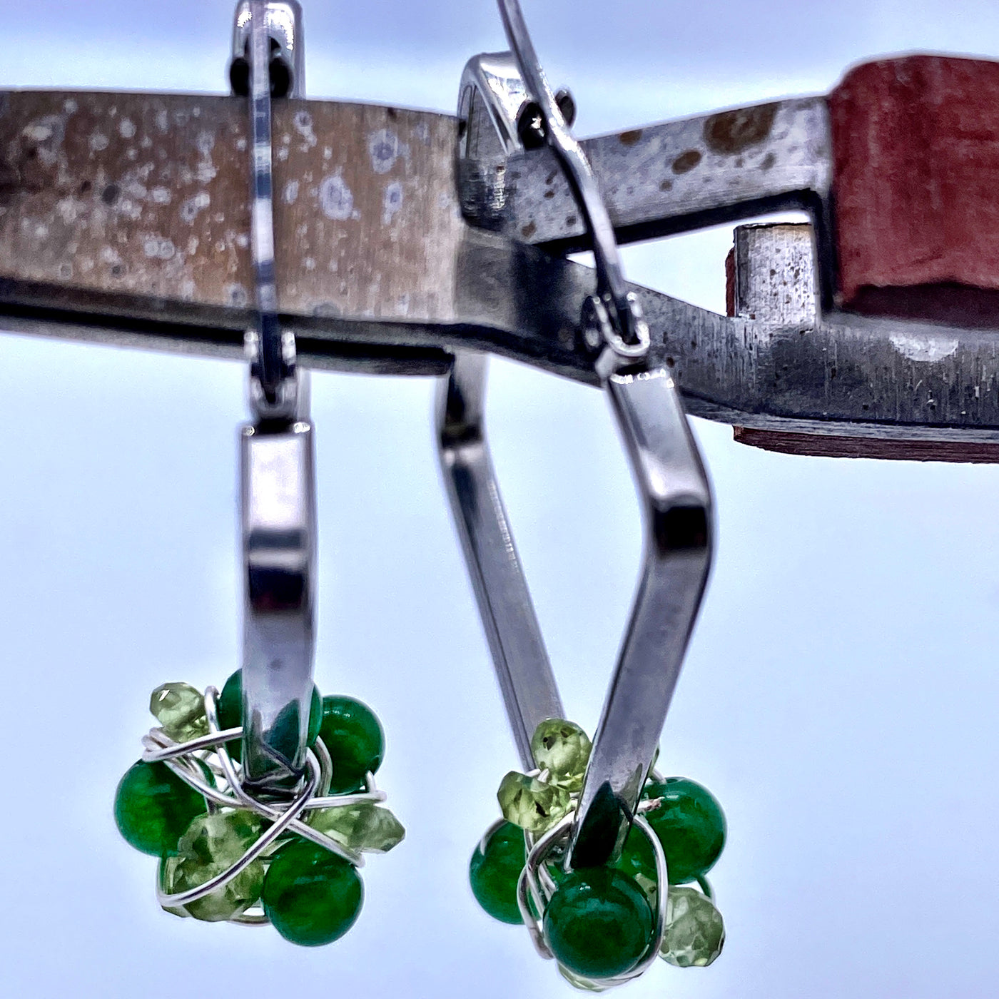 Green calchedony and peridot on square sterling silver earrings