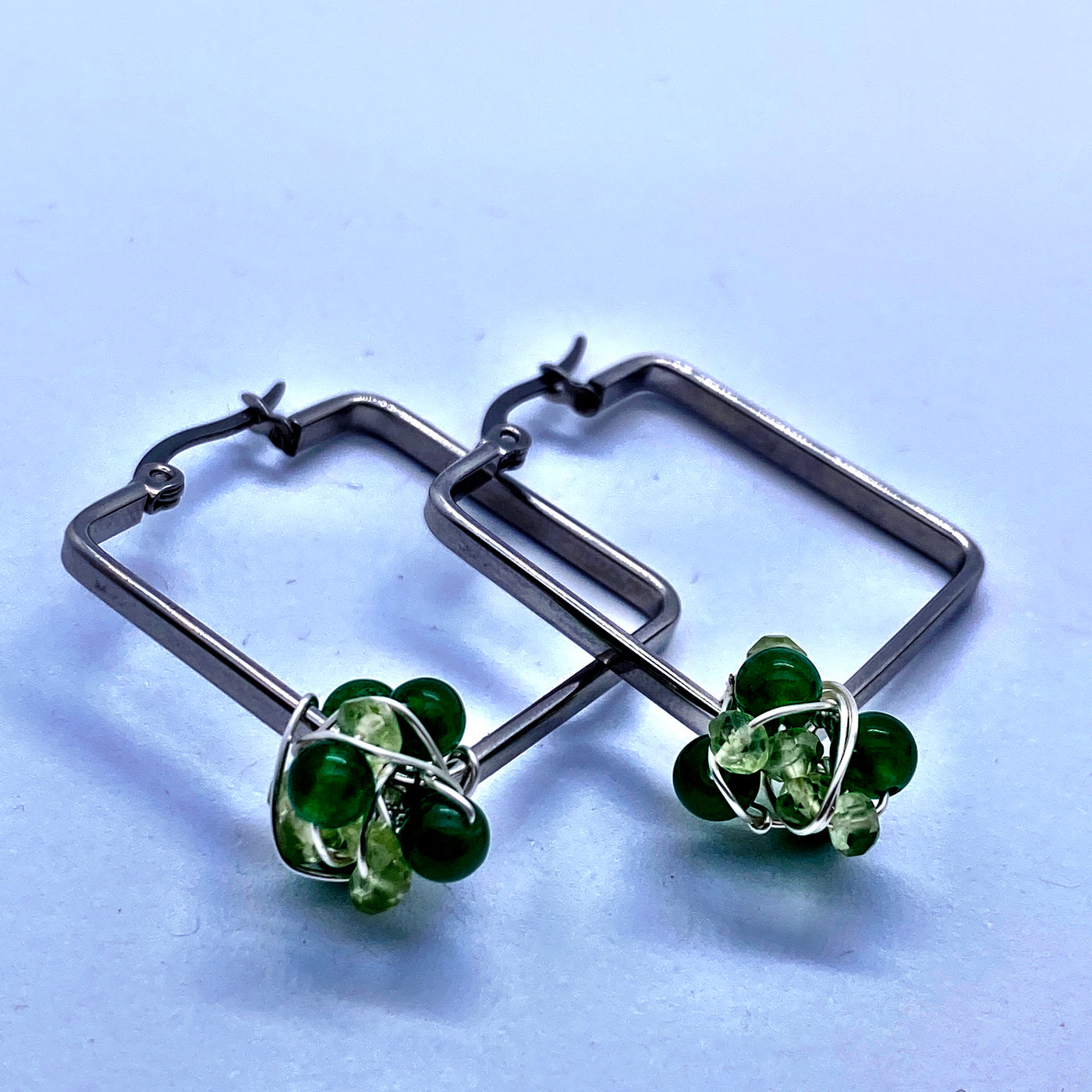 Green calchedony and peridot on square sterling silver earrings