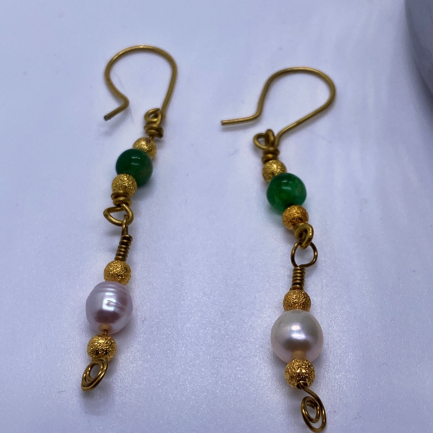 Brass, freshwater pearls and green giada earrings