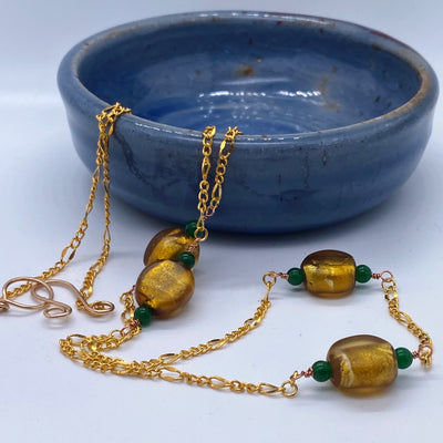Golden glass beads and green calchedony necklace